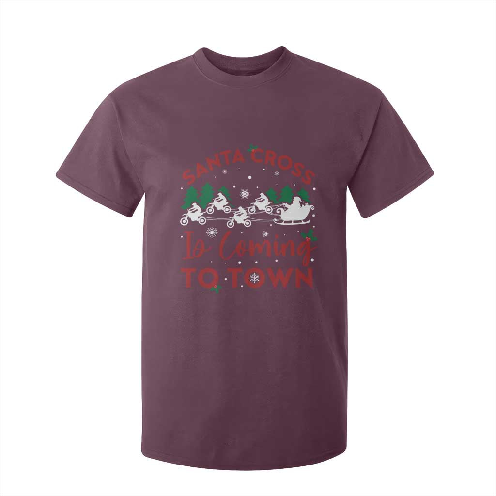 Funny Christmas Dirt Bike T Shirt For Kid Santa Cross Is Coming To Town Motorcross TS11 Maroon Print Your Wear