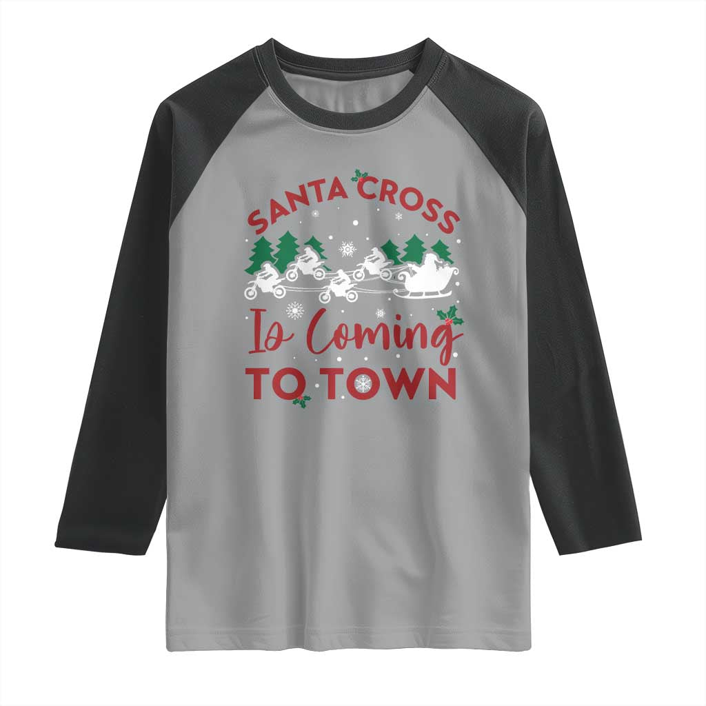 Funny Christmas Dirt Bike Raglan Shirt Santa Cross Is Coming To Town Motorcross TS11 Sport Gray Black Print Your Wear