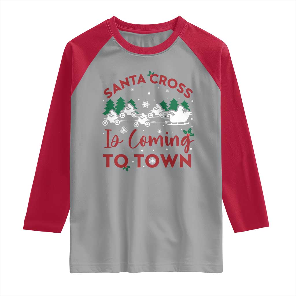 Funny Christmas Dirt Bike Raglan Shirt Santa Cross Is Coming To Town Motorcross TS11 Sport Gray Red Print Your Wear