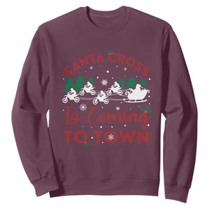 Funny Christmas Dirt Bike Sweatshirt Santa Cross Is Coming To Town Motorcross TS11 Maroon Print Your Wear