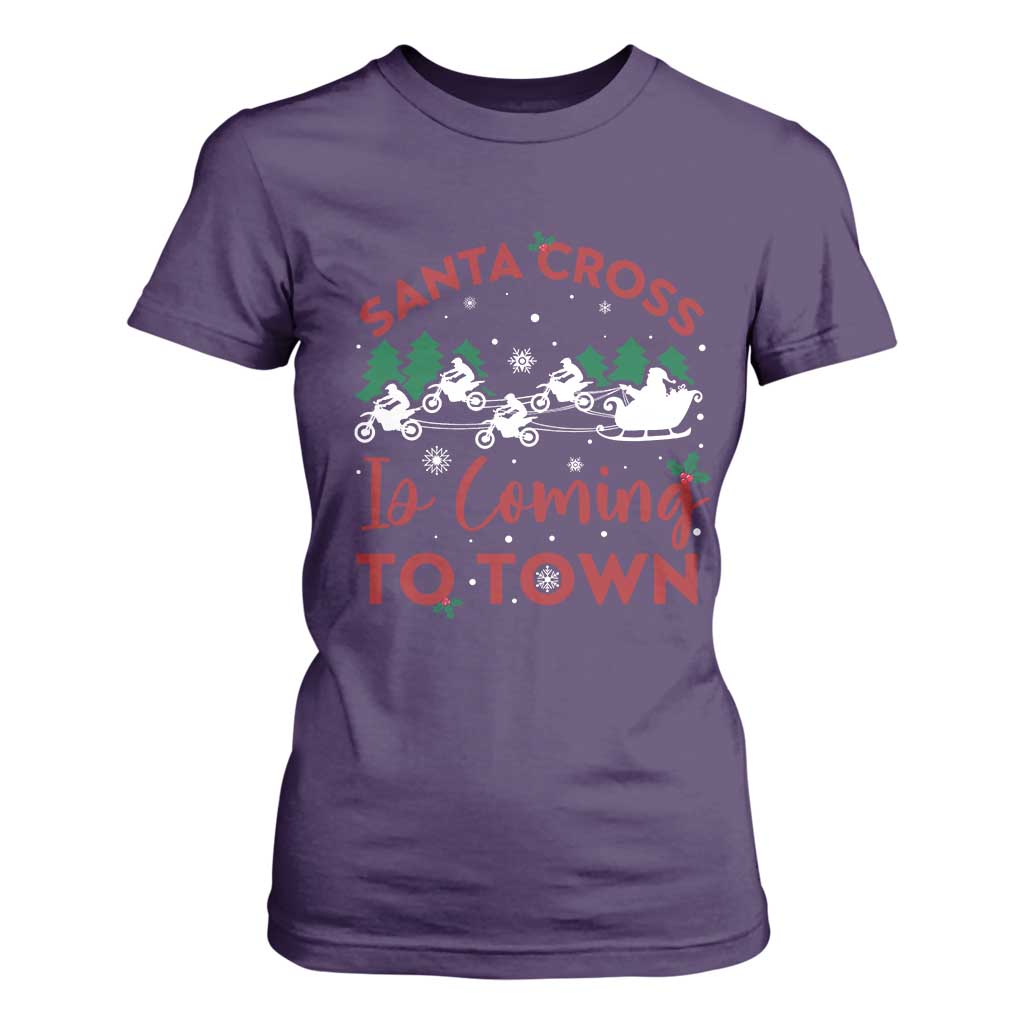 Funny Christmas Dirt Bike T Shirt For Women Santa Cross Is Coming To Town Motorcross TS11 Purple Print Your Wear
