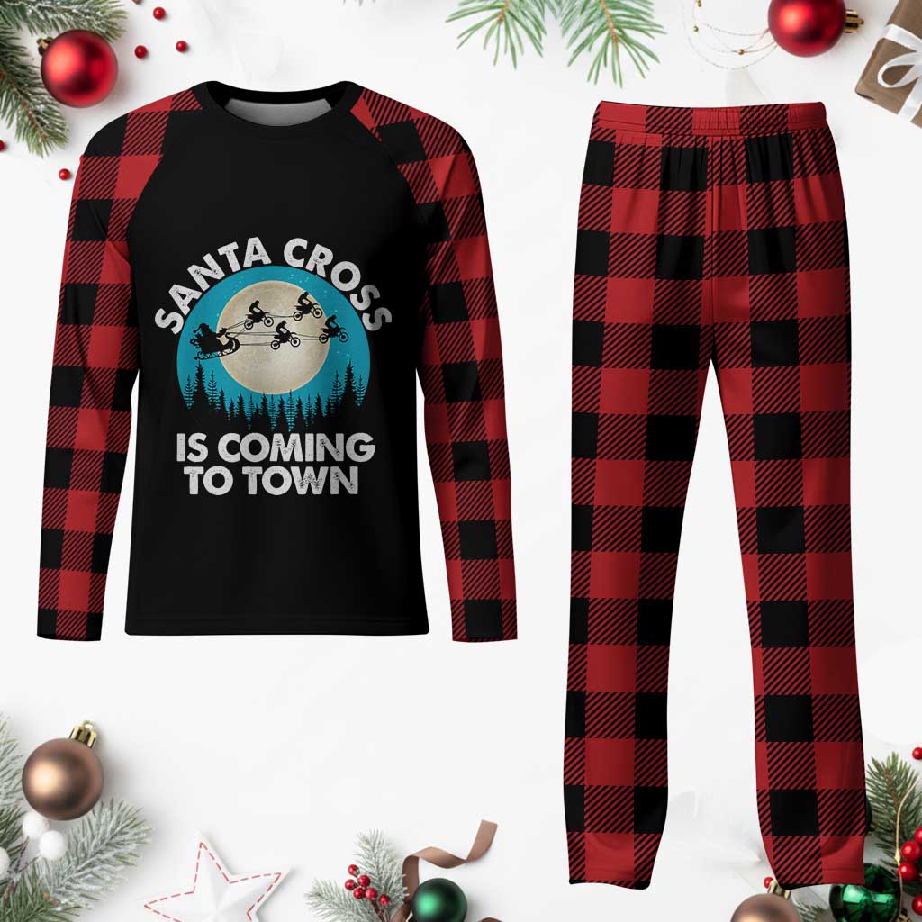 Funny Christmas Motocross Plaid Pajama Set Santa Cross Is Coming To Town Sport TS11 Buffalo Plaid Print Your Wear