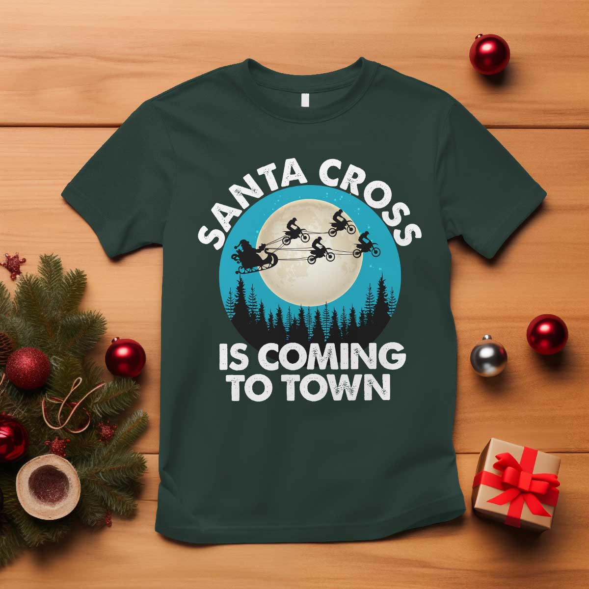 Funny Christmas Motocross T Shirt Santa Cross Is Coming To Town Sport TS11 Dark Forest Green Print Your Wear