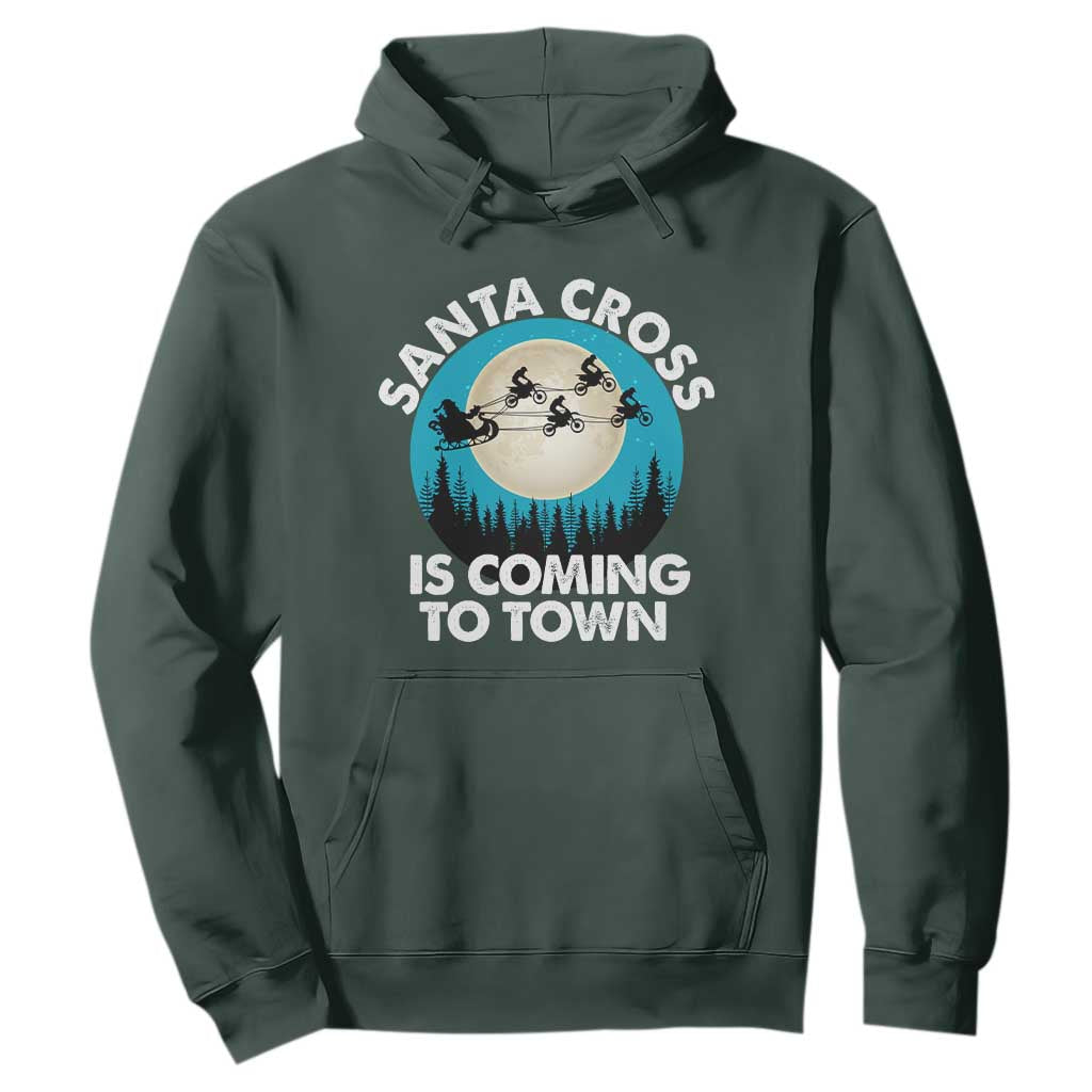 Funny Christmas Motocross Hoodie Santa Cross Is Coming To Town Sport TS11 Dark Forest Green Print Your Wear