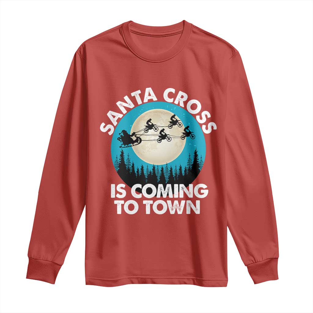 Funny Christmas Motocross Long Sleeve Shirt Santa Cross Is Coming To Town Sport TS11 Red Print Your Wear