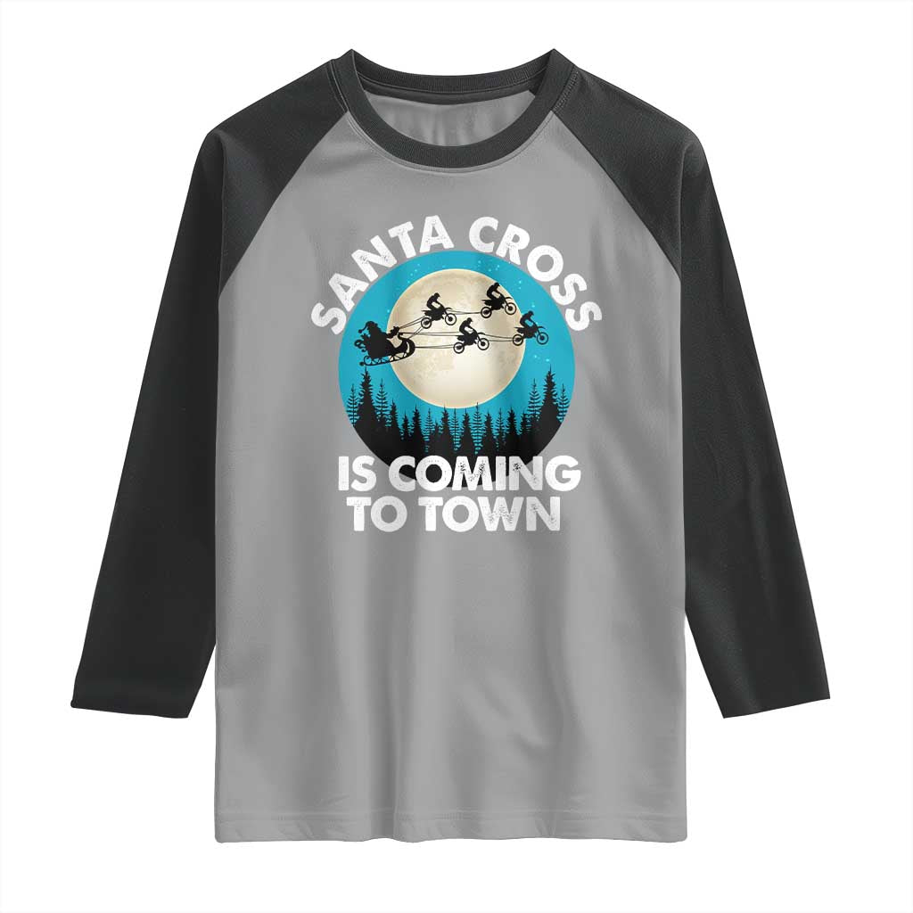Funny Christmas Motocross Raglan Shirt Santa Cross Is Coming To Town Sport TS11 Sport Gray Black Print Your Wear