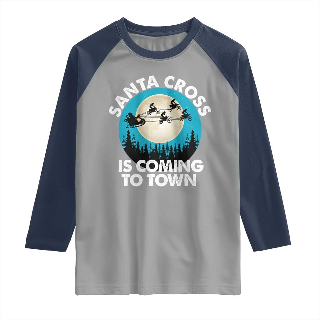 Funny Christmas Motocross Raglan Shirt Santa Cross Is Coming To Town Sport TS11 Sport Gray Navy Print Your Wear