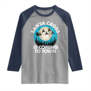 Funny Christmas Motocross Raglan Shirt Santa Cross Is Coming To Town Sport TS11 Sport Gray Navy Print Your Wear