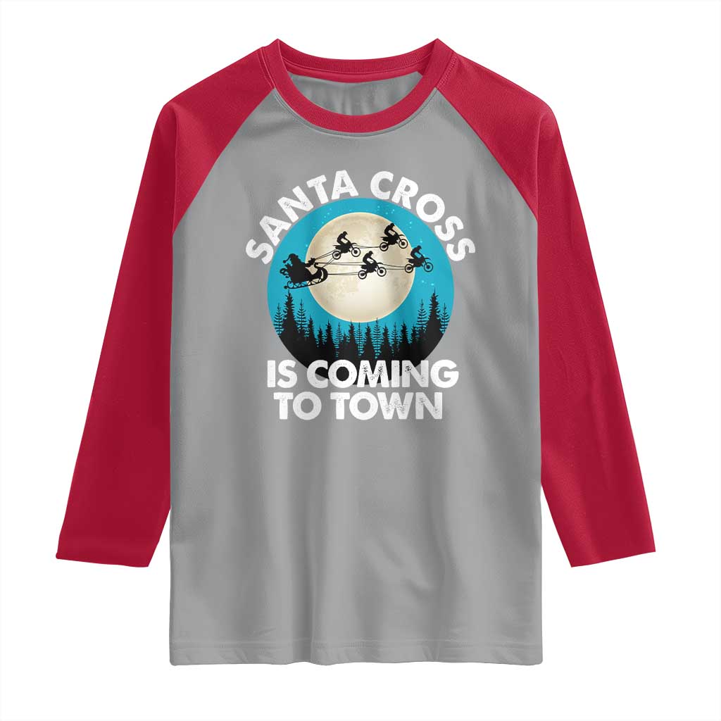 Funny Christmas Motocross Raglan Shirt Santa Cross Is Coming To Town Sport TS11 Sport Gray Red Print Your Wear