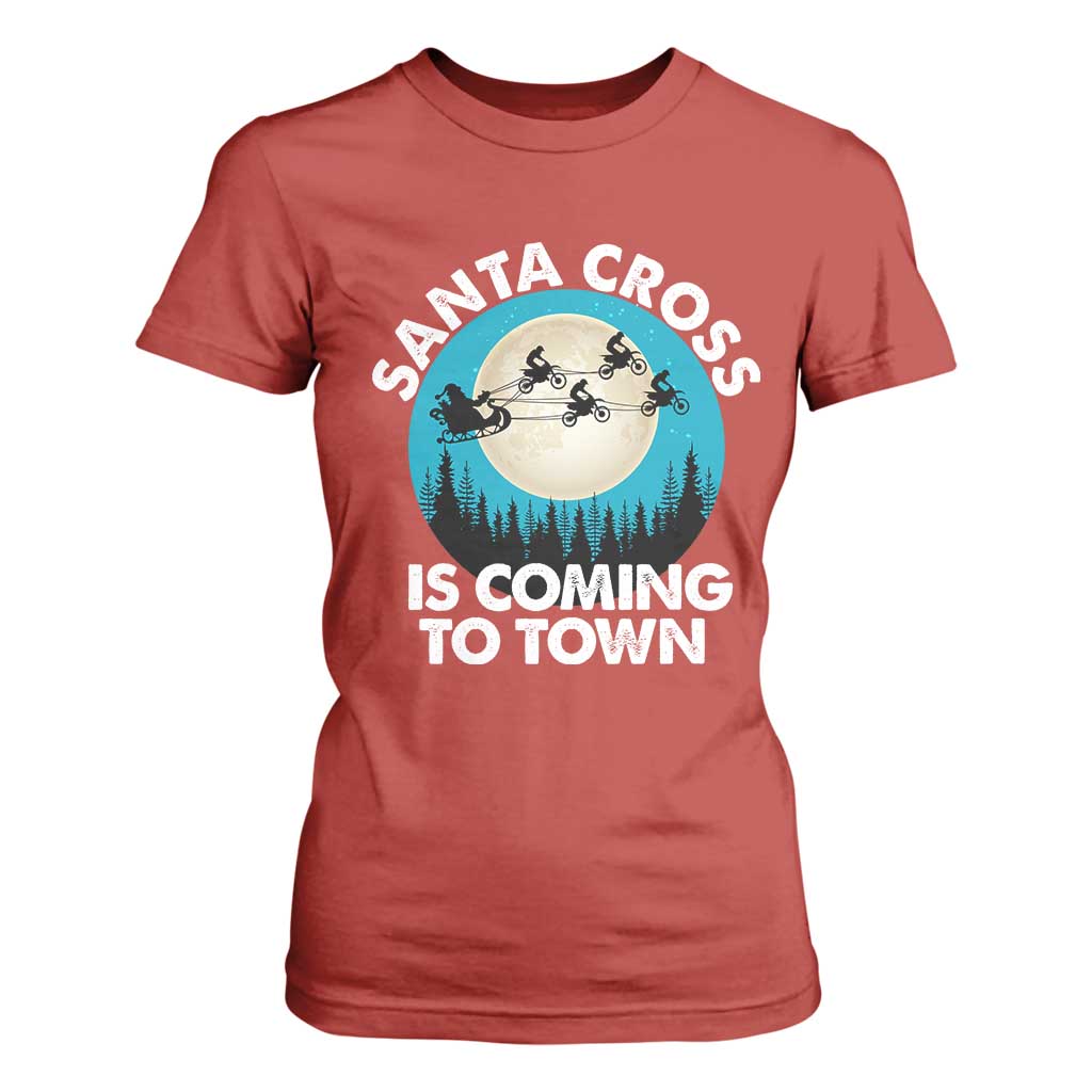 Funny Christmas Motocross T Shirt For Women Santa Cross Is Coming To Town Sport TS11 Red Print Your Wear