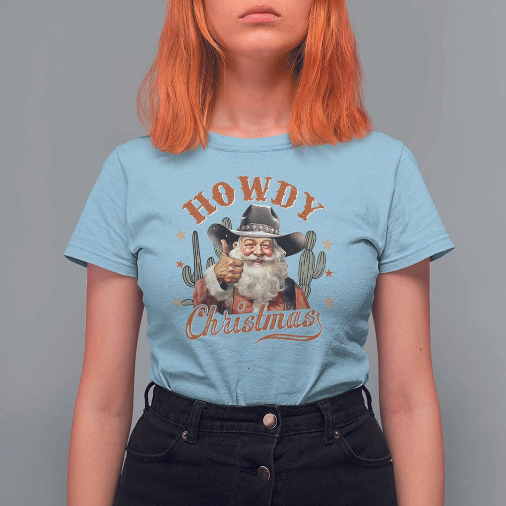Funny Western Xmas T Shirt For Women Howdy Christmas Retro Cowboy Santa Country TS11 Light Blue Print Your Wear