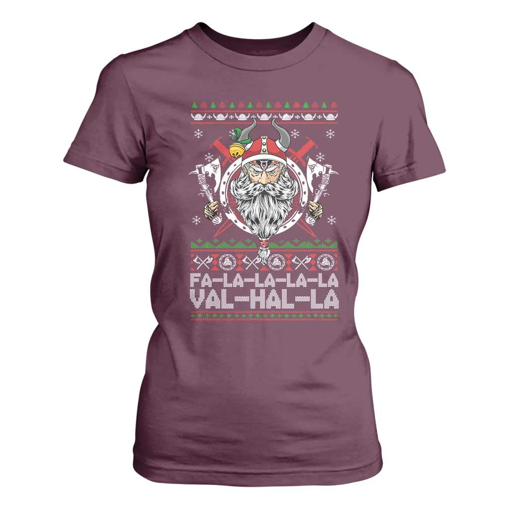 Christmas Viking T Shirt For Women Fa La La La La Val Hal La Santa Viking Warriors TS11 Maroon Print Your Wear