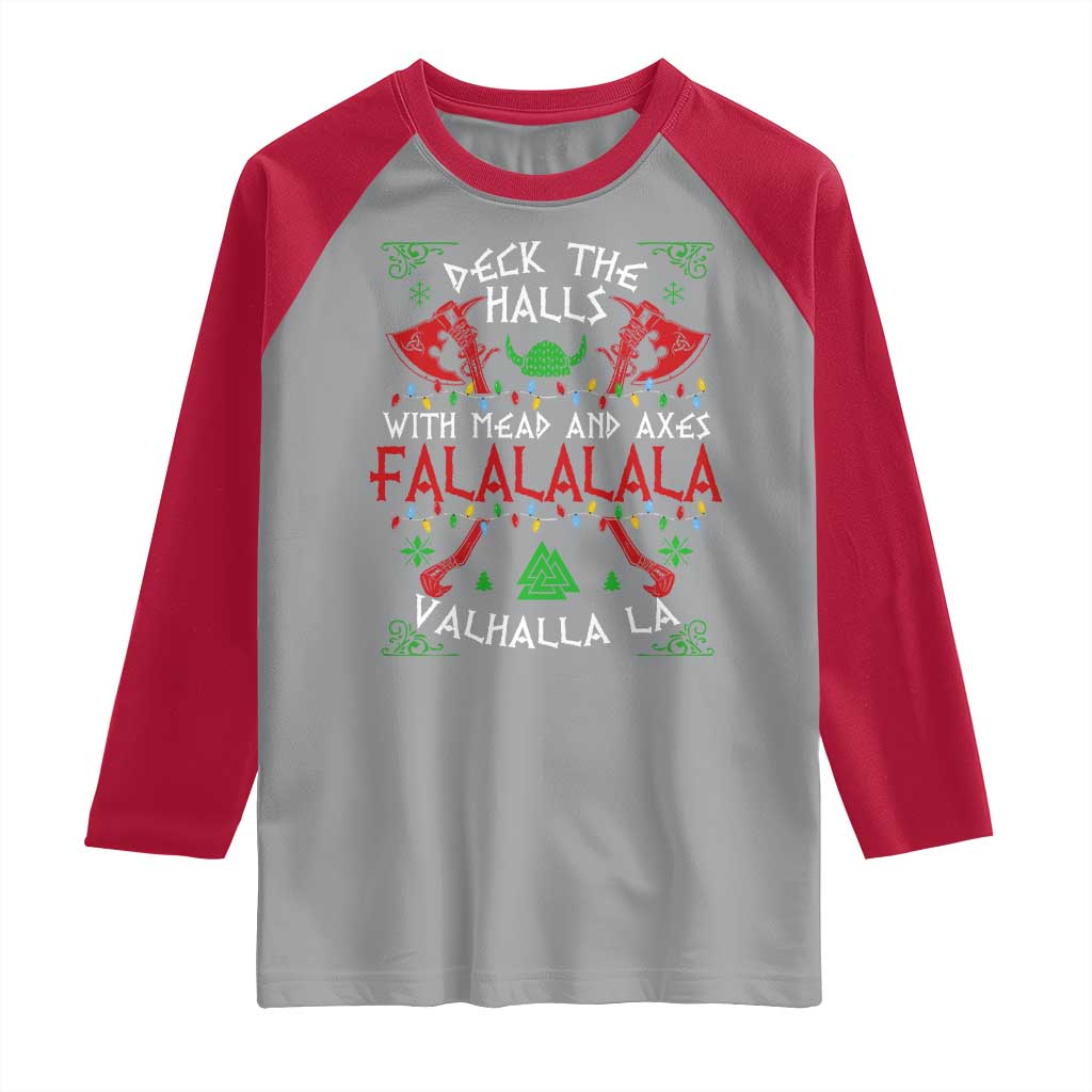 Viking Christmas Raglan Shirt Deck The Halls With Mead And Axes Falalala Valhalla La TS11 Sport Gray Red Print Your Wear