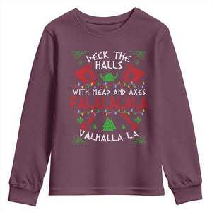 Viking Christmas Youth Sweatshirt Deck The Halls With Mead And Axes Falalala Valhalla La TS11 Maroon Print Your Wear