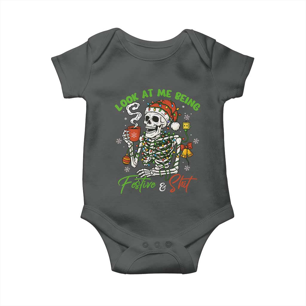 Look At Me Being Festive And Shit Baby Onesie Funny Christmas Skeleton TS11 Dark Heather Print Your Wear