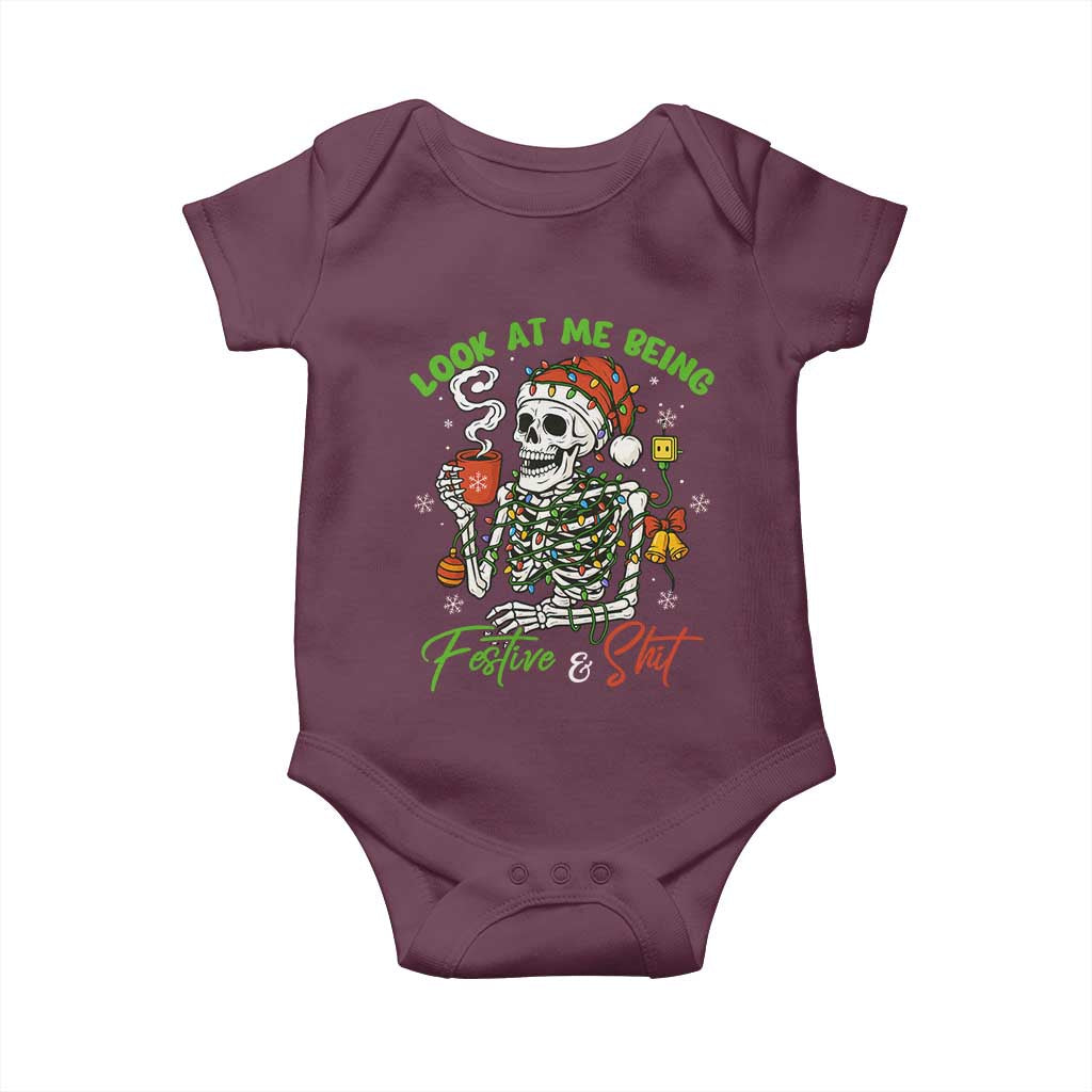 Look At Me Being Festive And Shit Baby Onesie Funny Christmas Skeleton TS11 Maroon Print Your Wear