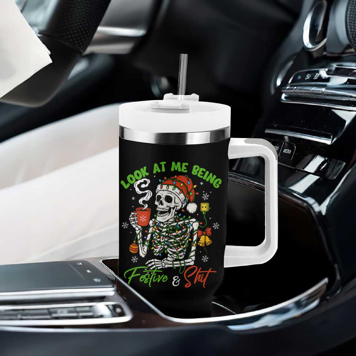 Look At Me Being Festive And Shit Tumbler With Handle Funny Christmas Skeleton TS11 Print Your Wear