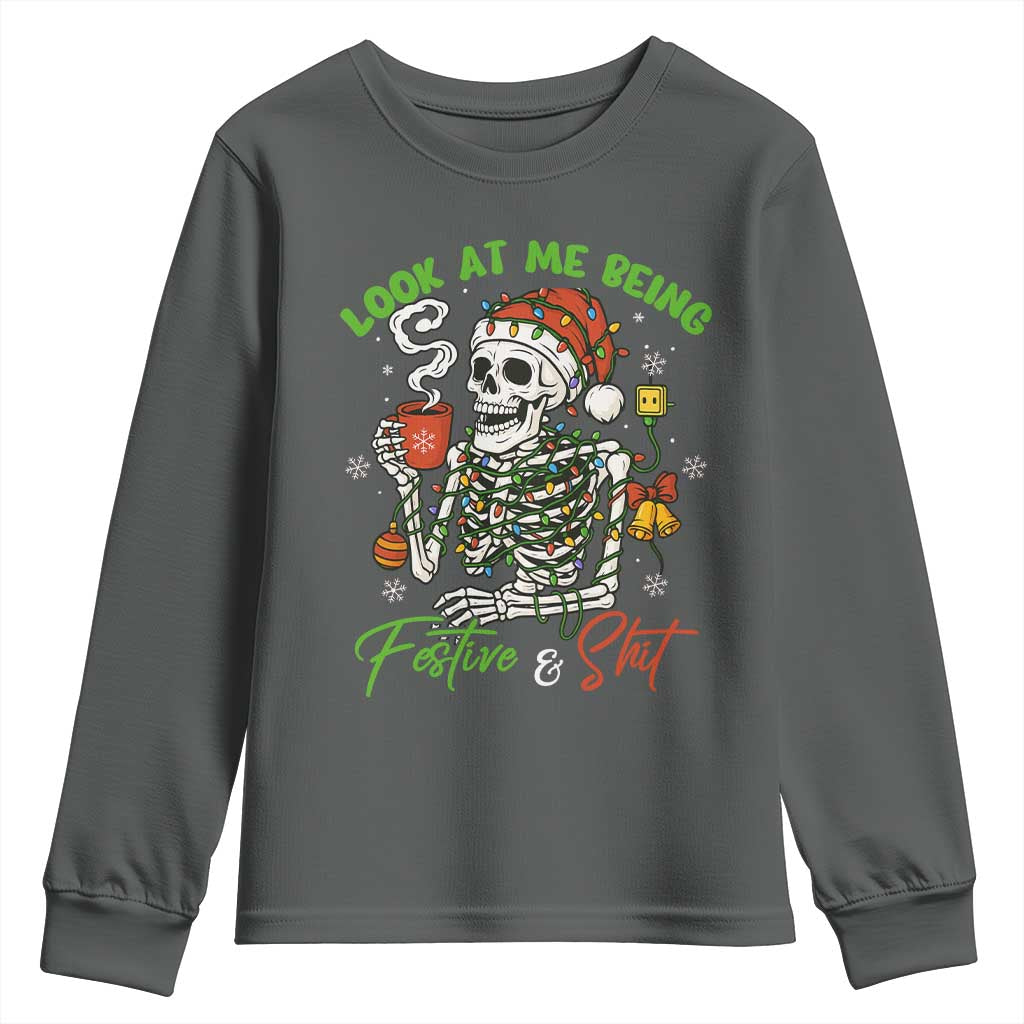 Look At Me Being Festive And Shit Youth Sweatshirt Funny Christmas Skeleton TS11 Dark Heather Print Your Wear