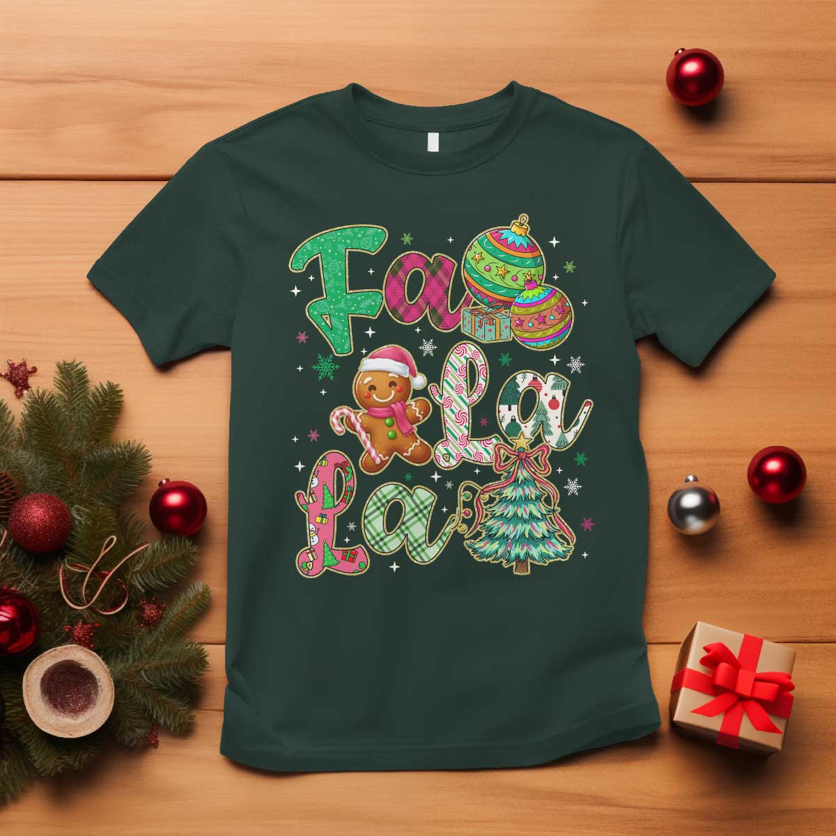 Funny Falala Christmas Song Faux Glitter Gingerbread T Shirt TS11 Dark Forest Green Print Your Wear