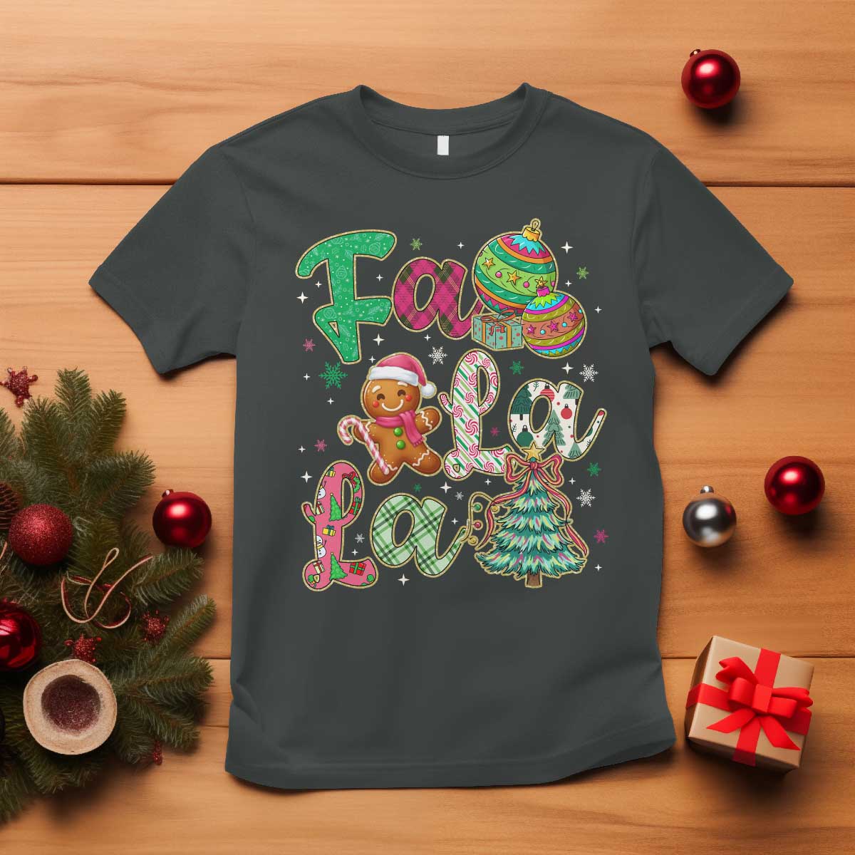 Funny Falala Christmas Song Faux Glitter Gingerbread T Shirt TS11 Dark Heather Print Your Wear