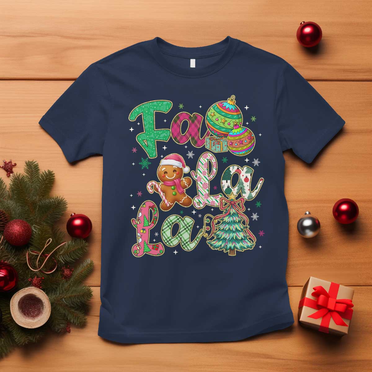 Funny Falala Christmas Song Faux Glitter Gingerbread T Shirt TS11 Navy Print Your Wear