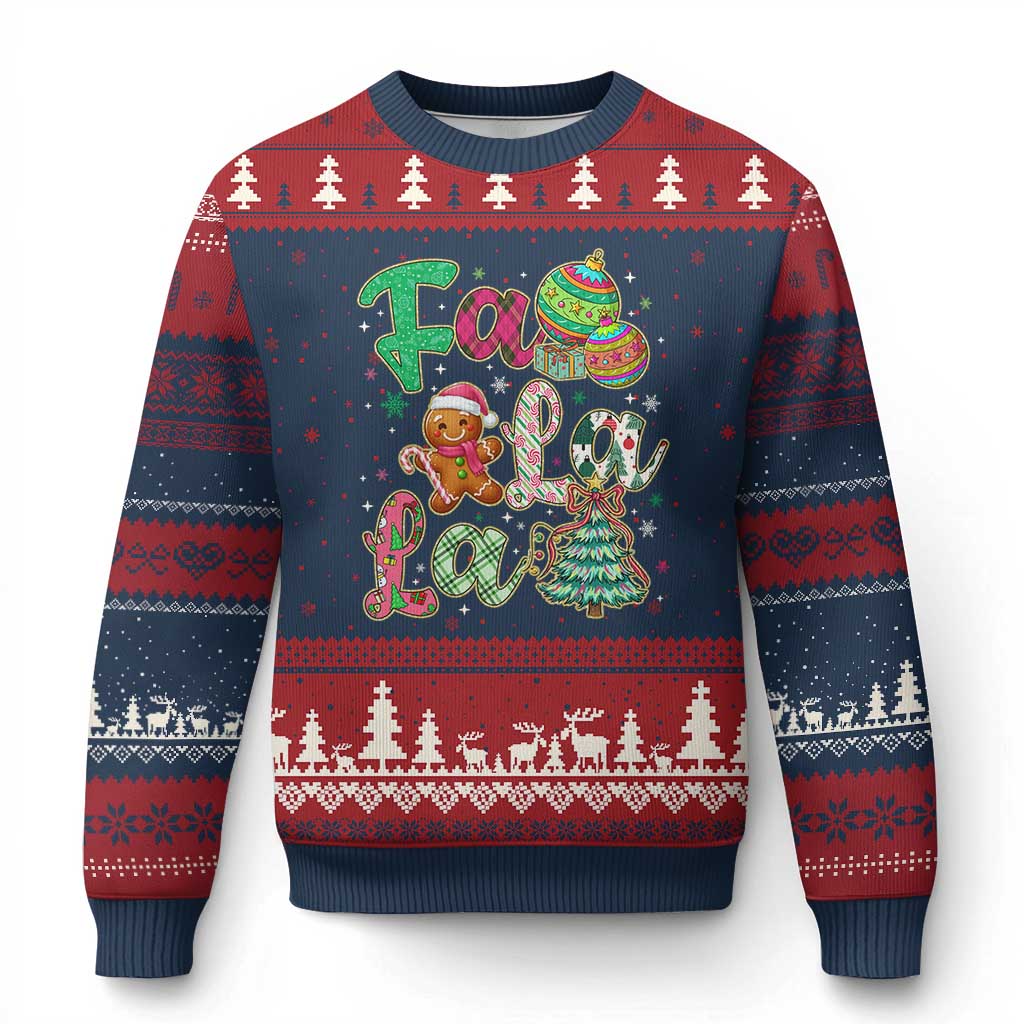 Funny Falala Xmas Song Faux Glitter Gingerbread Ugly Christmas Sweater TS11 Navy Red Print Your Wear