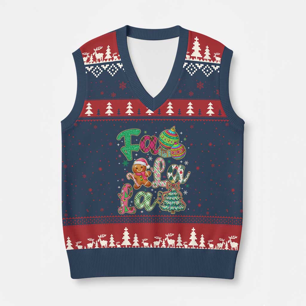 Funny Falala Xmas Song Faux Glitter Gingerbread V-Neck Knit Sweater Vest TS11 Navy Red Print Your Wear