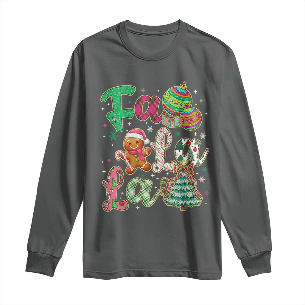 Funny Falala Christmas Song Faux Glitter Gingerbread Long Sleeve Shirt TS11 Dark Heather Print Your Wear