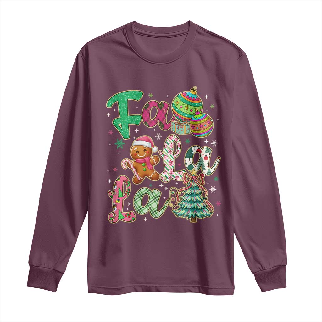 Funny Falala Christmas Song Faux Glitter Gingerbread Long Sleeve Shirt TS11 Maroon Print Your Wear