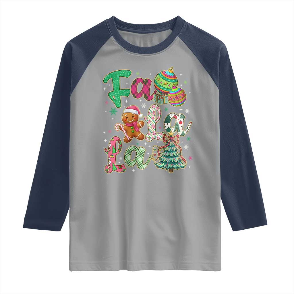 Funny Falala Christmas Song Faux Glitter Gingerbread Raglan Shirt TS11 Sport Gray Navy Print Your Wear
