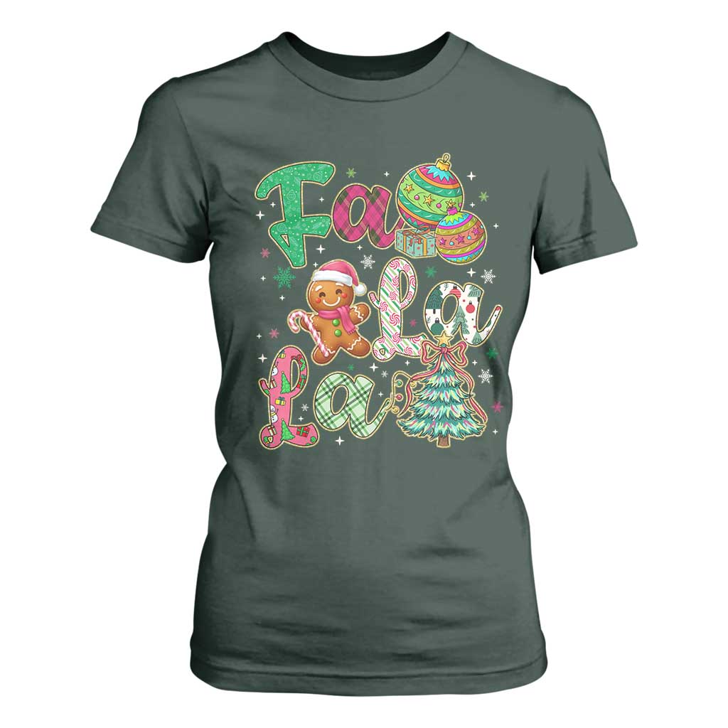 Funny Falala Christmas Song Faux Glitter Gingerbread T Shirt For Women TS11 Dark Forest Green Print Your Wear