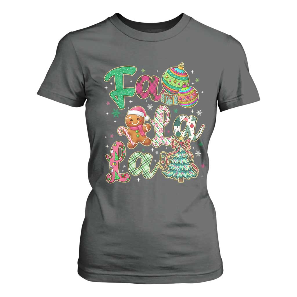 Funny Falala Christmas Song Faux Glitter Gingerbread T Shirt For Women TS11 Dark Heather Print Your Wear