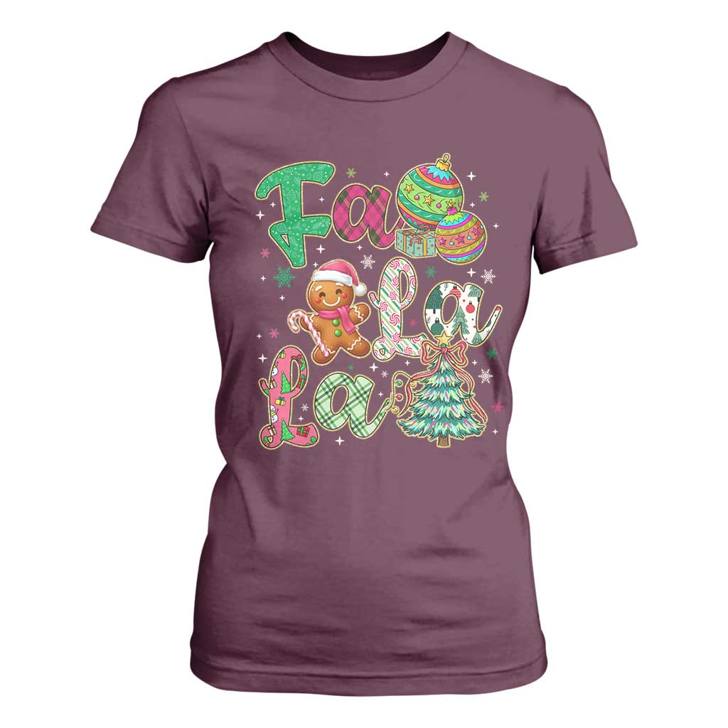 Funny Falala Christmas Song Faux Glitter Gingerbread T Shirt For Women TS11 Maroon Print Your Wear