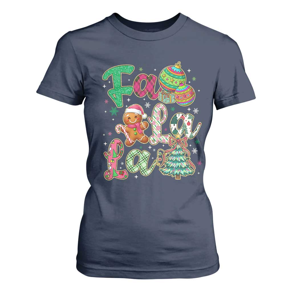 Funny Falala Christmas Song Faux Glitter Gingerbread T Shirt For Women TS11 Navy Print Your Wear
