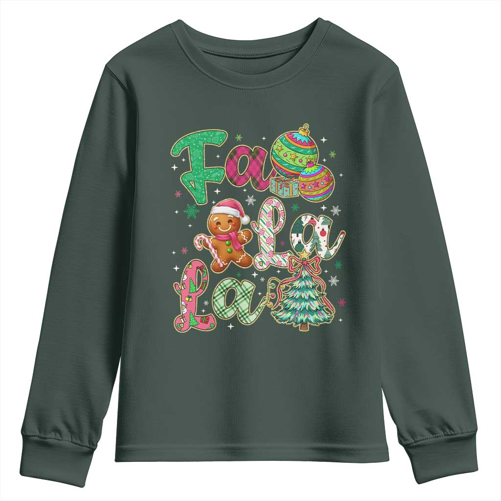 Funny Falala Christmas Song Faux Glitter Gingerbread Youth Sweatshirt TS11 Dark Forest Green Print Your Wear