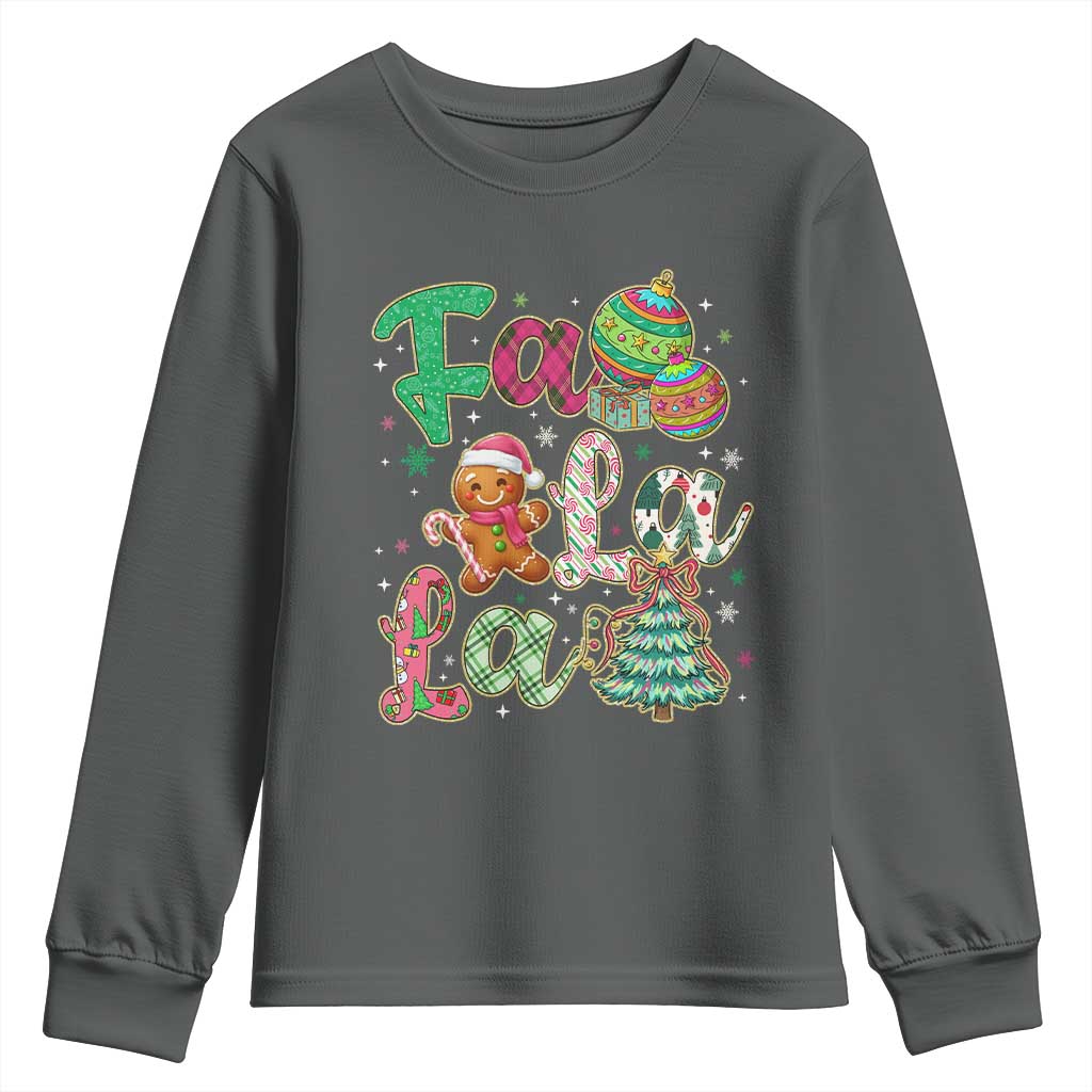 Funny Falala Christmas Song Faux Glitter Gingerbread Youth Sweatshirt TS11 Dark Heather Print Your Wear