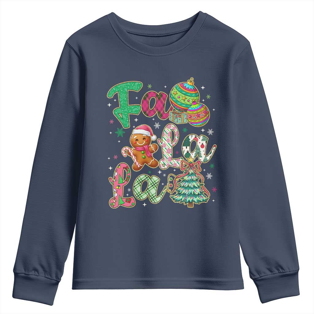 Funny Falala Christmas Song Faux Glitter Gingerbread Youth Sweatshirt TS11 Navy Print Your Wear
