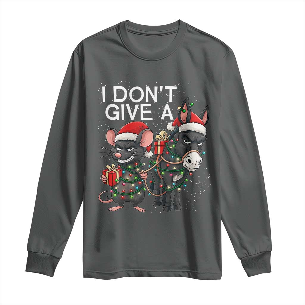Funny Christmas I Dont Give a Rats Ass Long Sleeve Shirt Donkey And Mouse Xmas Holiday TS11 Dark Heather Print Your Wear