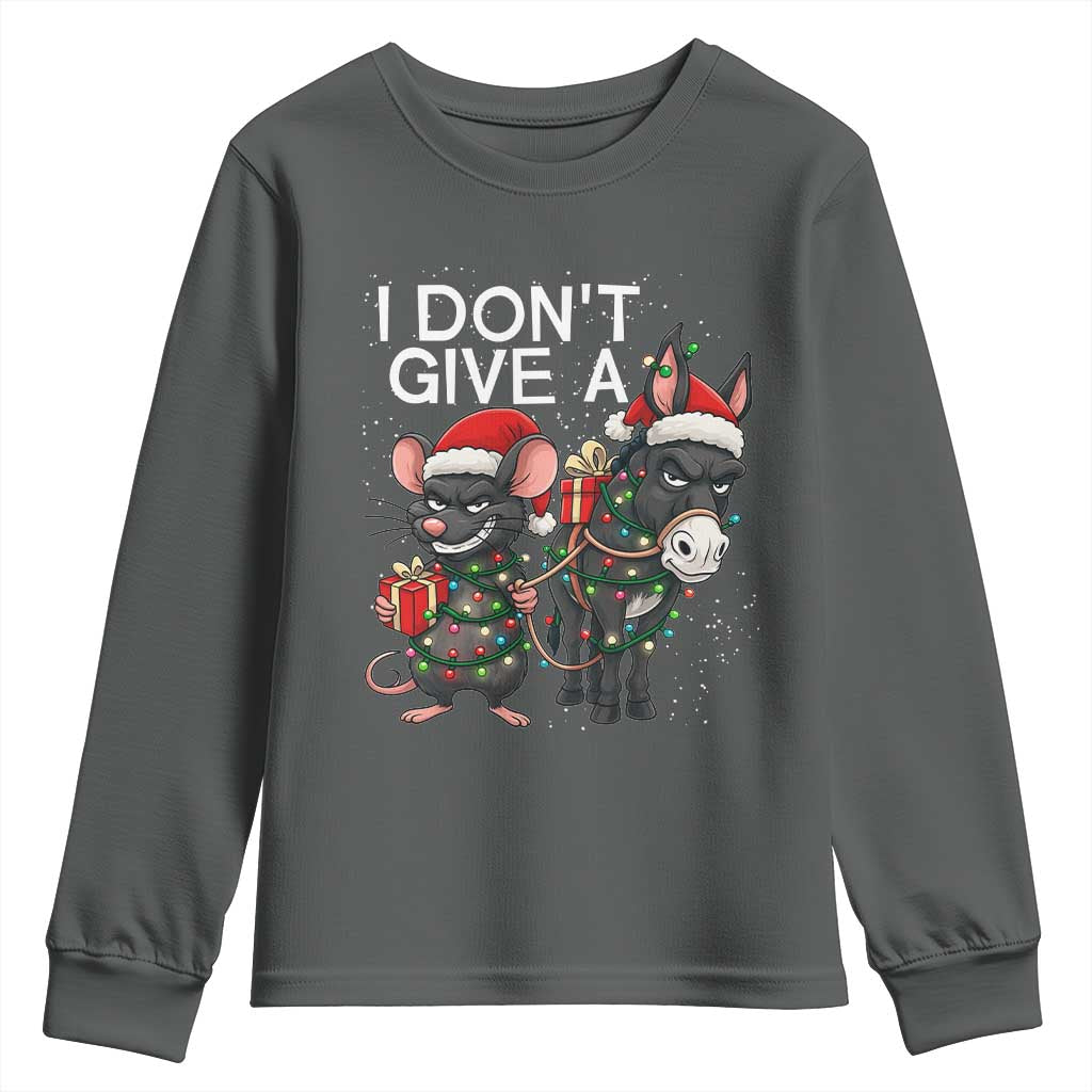 Funny Christmas I Dont Give a Rats Ass Youth Sweatshirt Donkey And Mouse Xmas Holiday TS11 Dark Heather Print Your Wear
