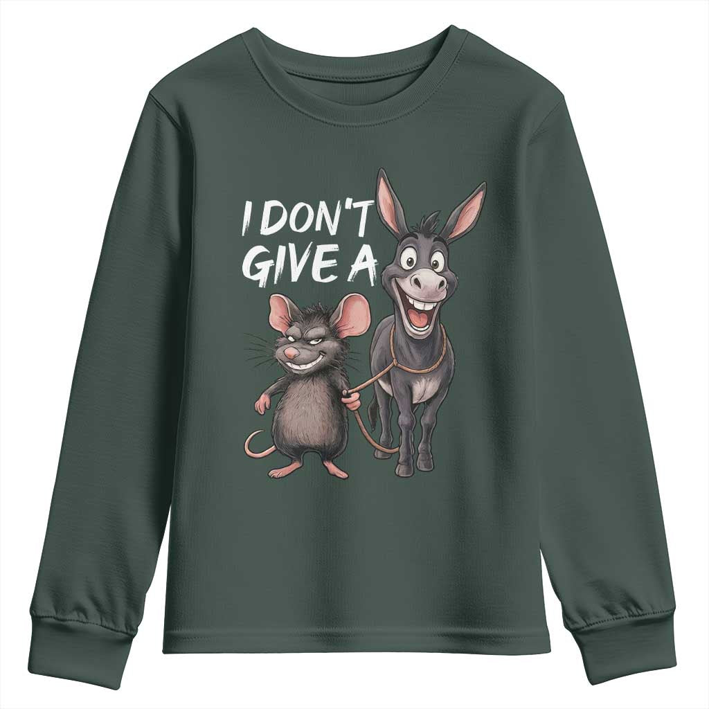 Funny I Dont Give a Rats Ass Youth Sweatshirt Donkey And Mouse Meme TS11 Dark Forest Green Print Your Wear