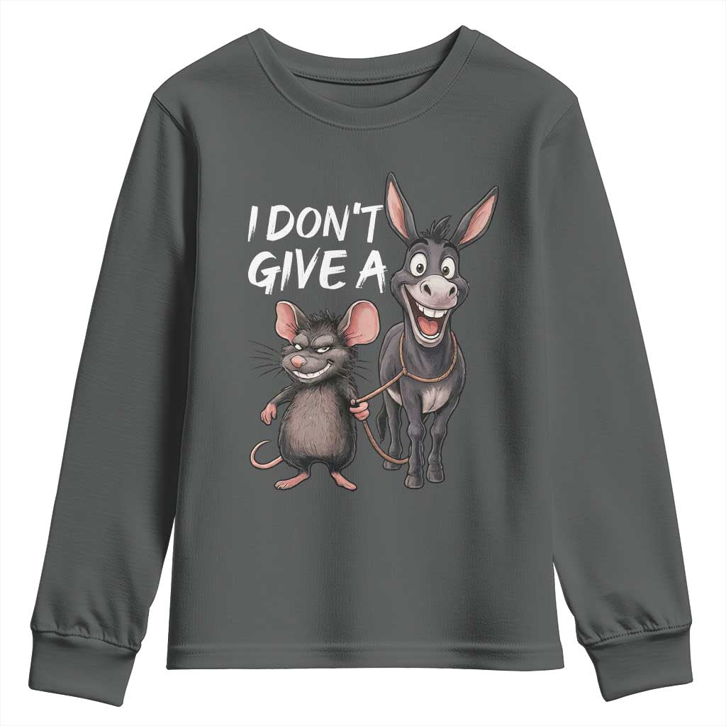 Funny I Dont Give a Rats Ass Youth Sweatshirt Donkey And Mouse Meme TS11 Dark Heather Print Your Wear