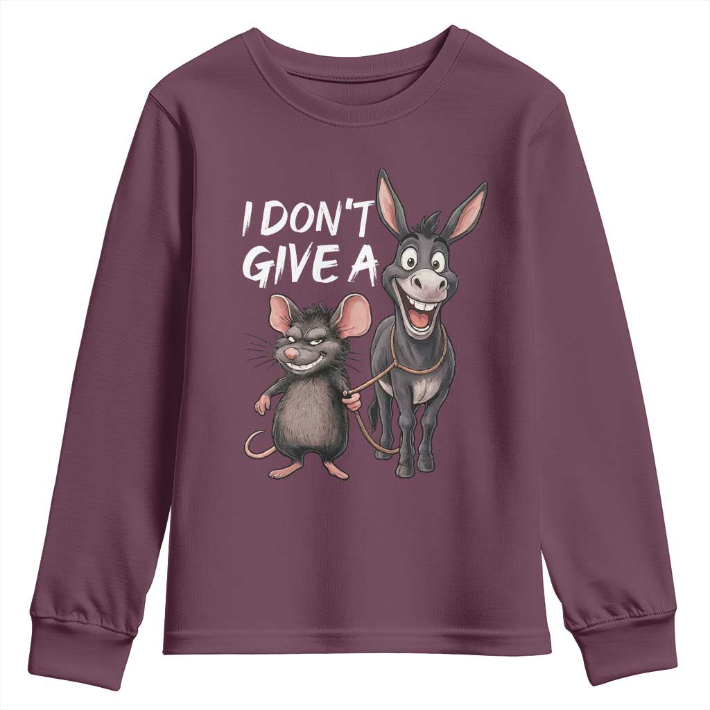 Funny I Dont Give a Rats Ass Youth Sweatshirt Donkey And Mouse Meme TS11 Maroon Print Your Wear