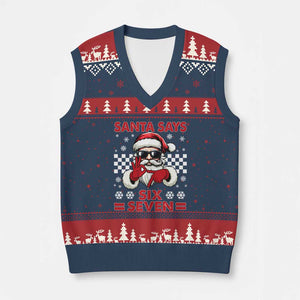 67 Xmas V-Neck Knit Sweater Vest Funny Santa Says Six Seven Meme Gen Alpha Slang TS11 Navy Red Print Your Wear