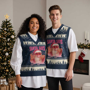 Funny Pink Santa Says Six Seven V-Neck Knit Sweater Vest 67 Xmas Meme Gen Alpha TS11 Navy Beige Print Your Wear