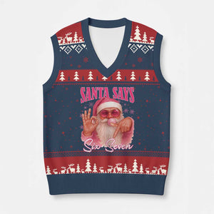 Funny Pink Santa Says Six Seven V-Neck Knit Sweater Vest 67 Xmas Meme Gen Alpha TS11 Navy Red Print Your Wear