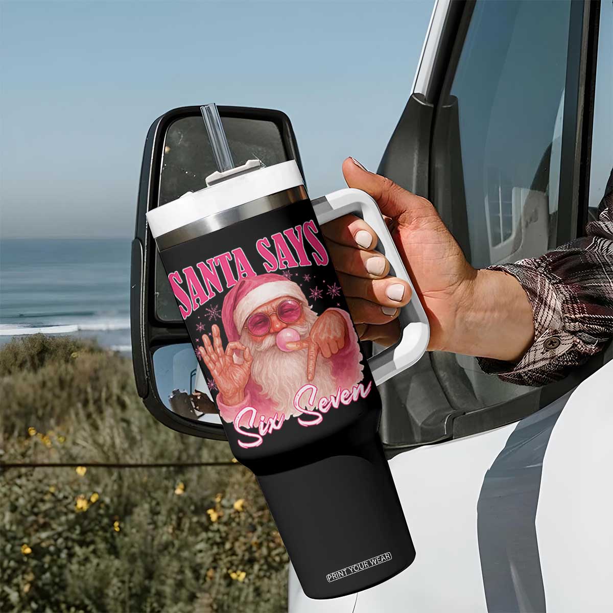 Funny Pink Santa Says Six Seven Tumbler With Handle 67 Christmas Meme Gen Alpha TS11 Print Your Wear