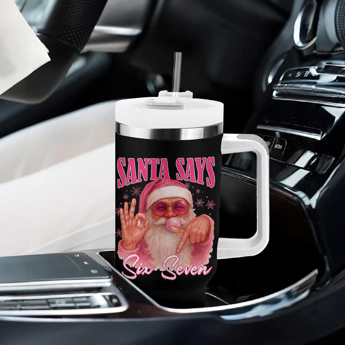 Funny Pink Santa Says Six Seven Tumbler With Handle 67 Christmas Meme Gen Alpha TS11 Print Your Wear