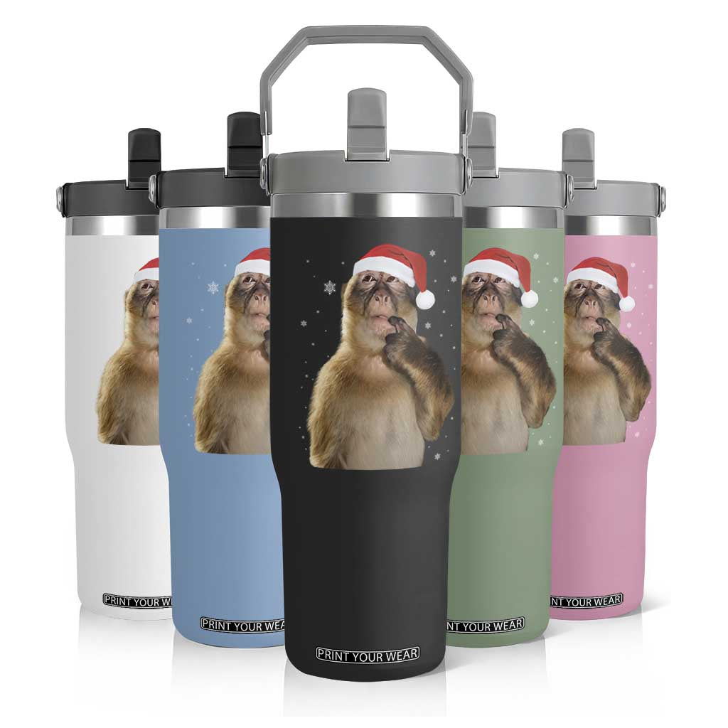 Christmas Thinking Monkey Meme Humor Brainrot Flip Straw Tumbler TS11 Print Your Wear