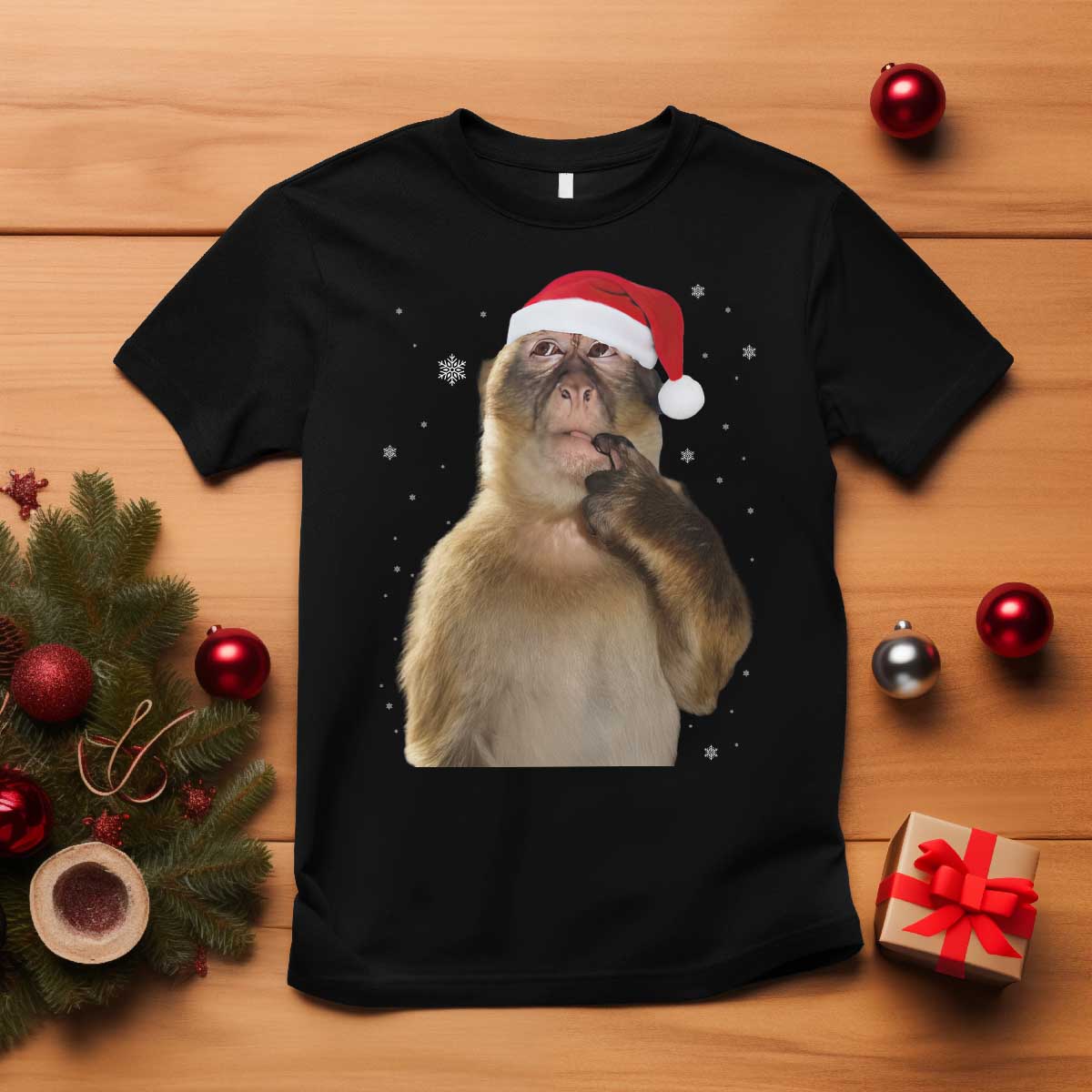Christmas Thinking Monkey Meme Humor Brainrot T Shirt TS11 Black Print Your Wear