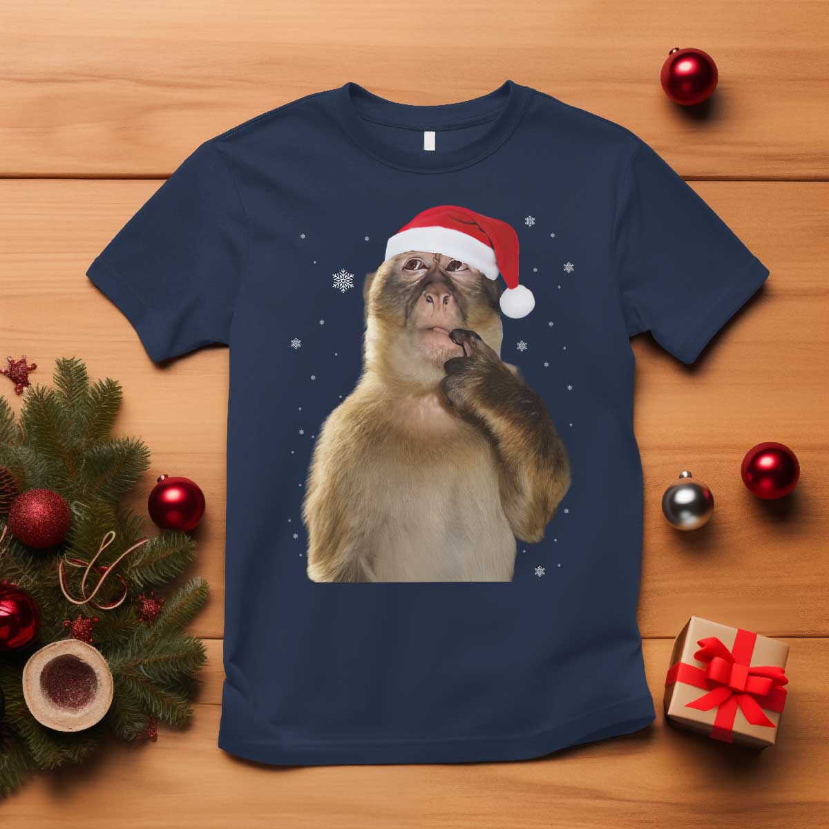 Christmas Thinking Monkey Meme Humor Brainrot T Shirt TS11 Navy Print Your Wear